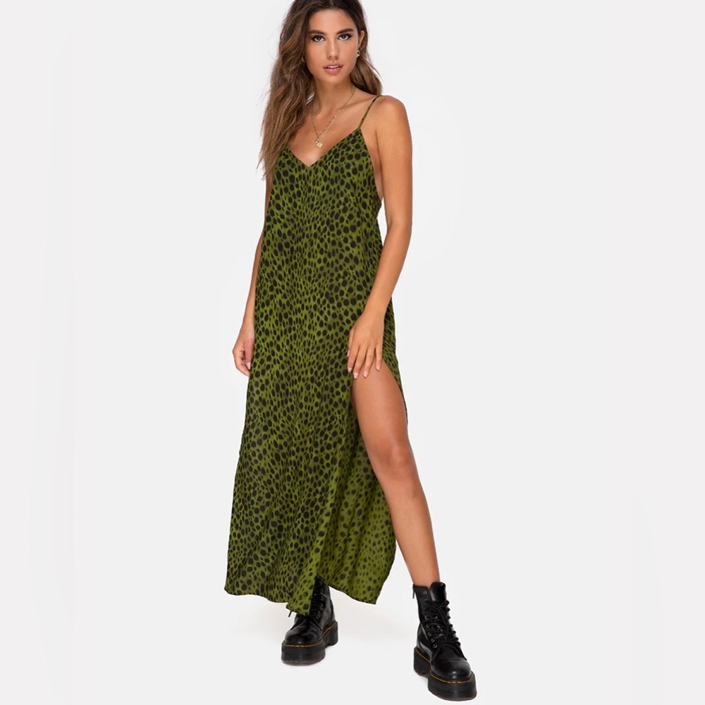 Green Leopard Print Maxi Dress with Slit Motel Rocks